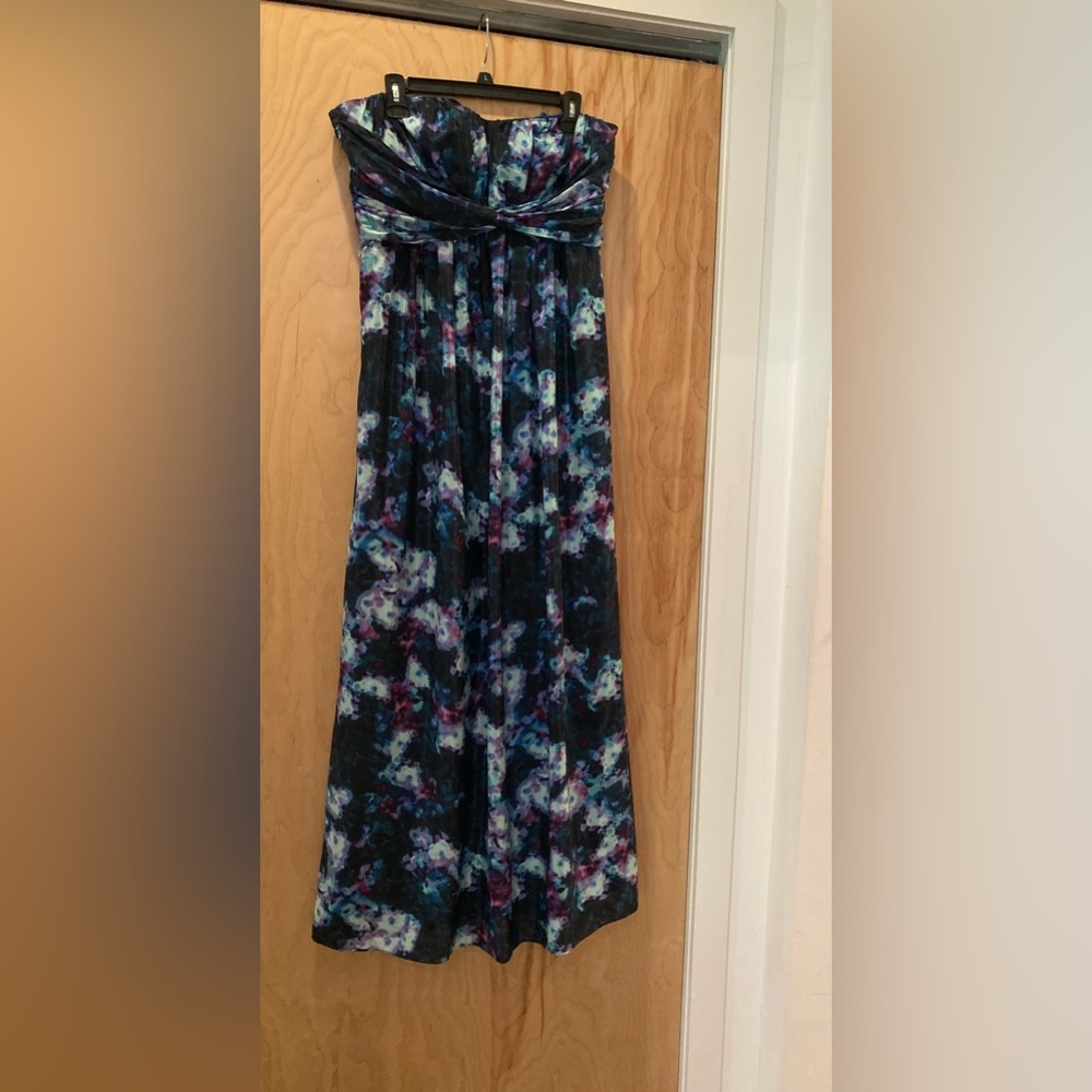 Floor length blue and purple water color flower gown